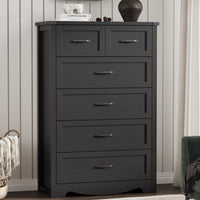 Anymaple Marlow Collection Black 6-drawer tall dresser with deep storage drawers and black metal handles, front storage view