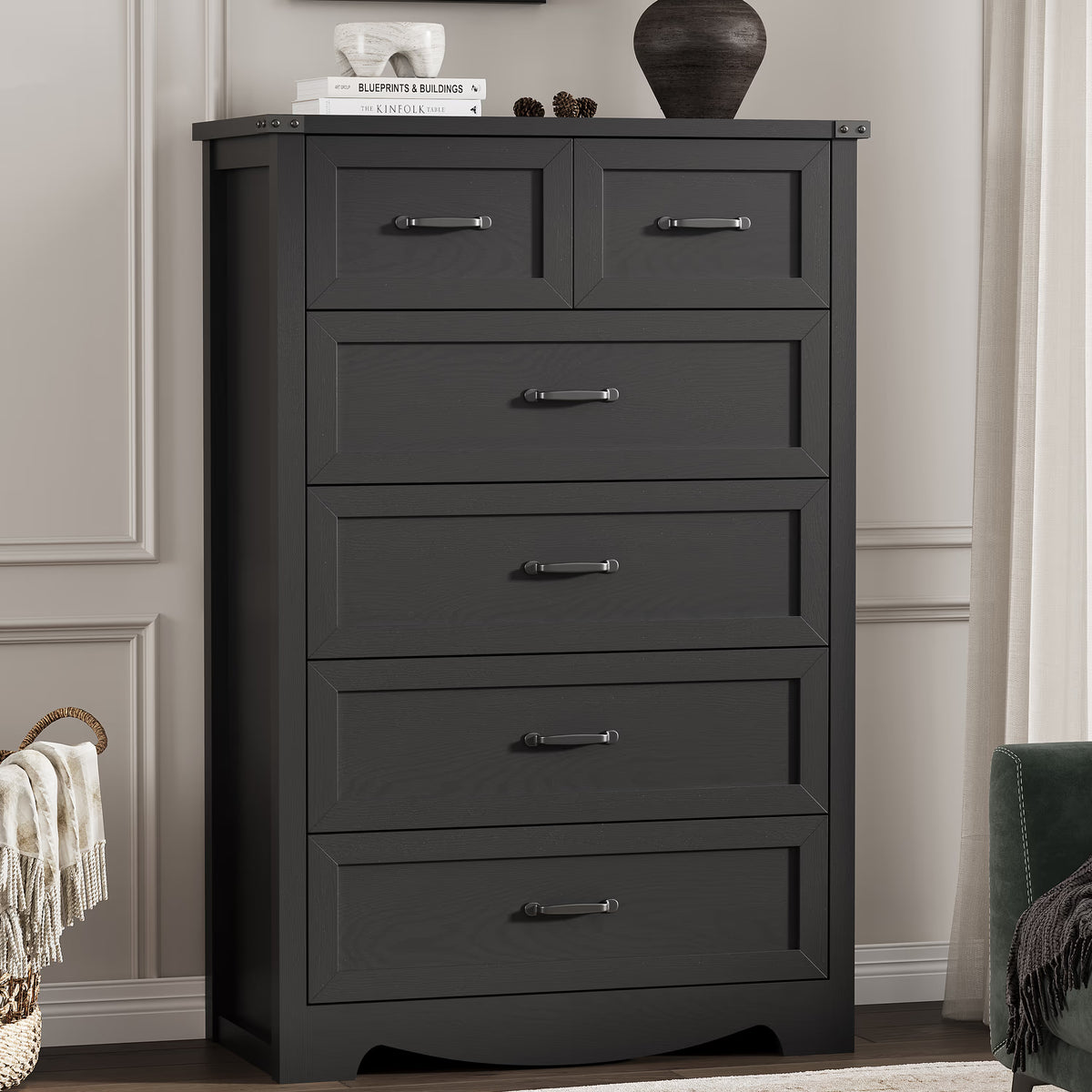 Anymaple Marlow Collection Black 6-drawer tall dresser with deep storage drawers and black metal handles, front storage view