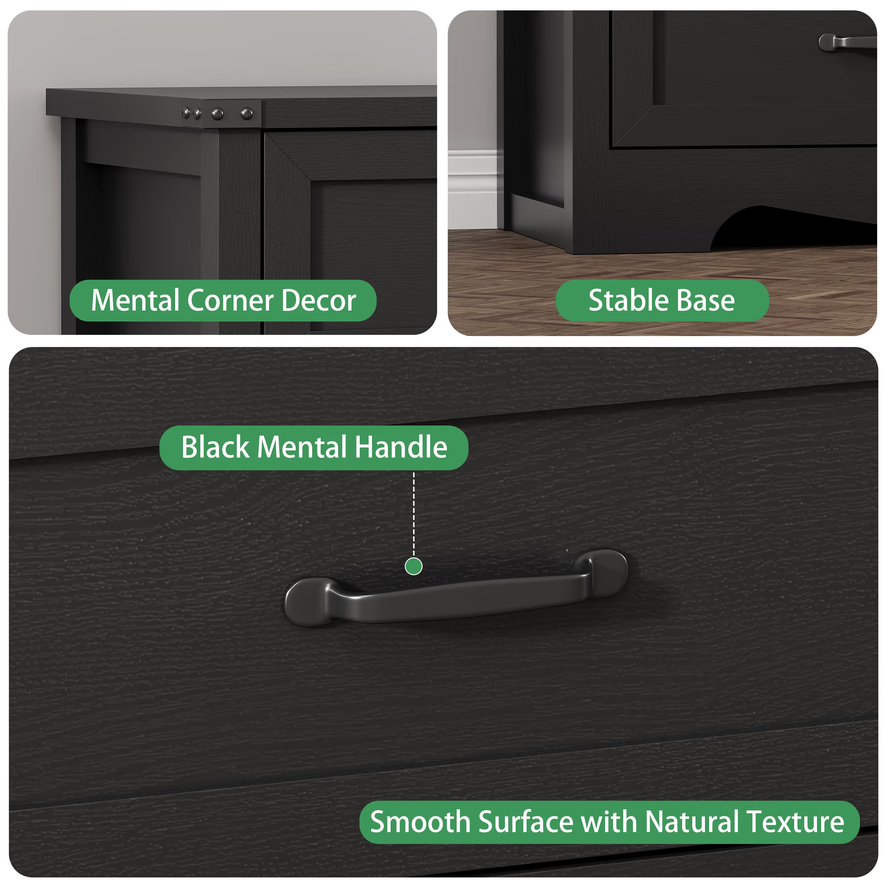 Anymaple Marlow Collection Black 6-drawer tall dresser with deep storage drawers and black metal handles, metal handle and drawer detail