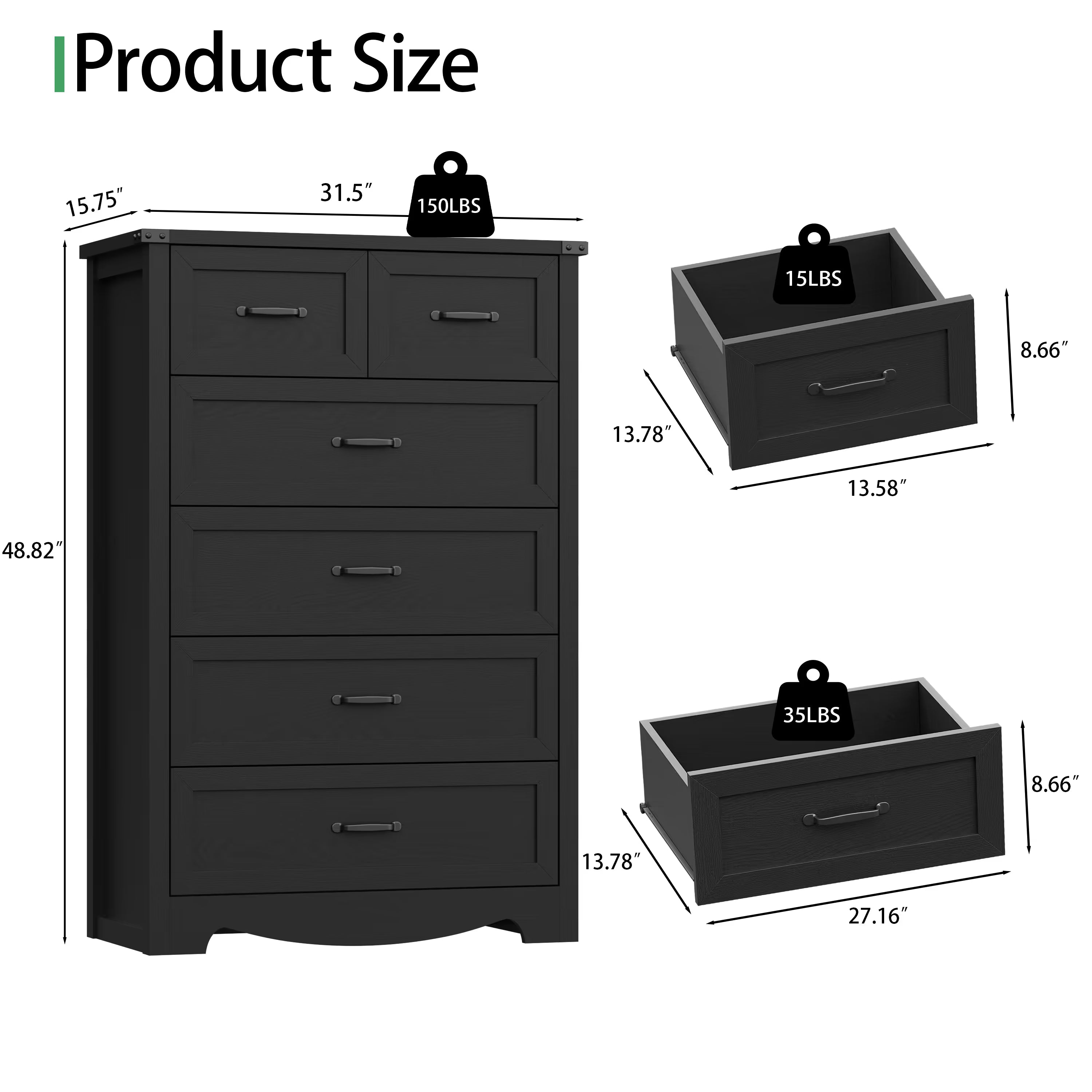 Anymaple Marlow Collection Black 6-drawer tall dresser product size dimensions, 32"W x 16"D x 49"H bedroom chest of drawers