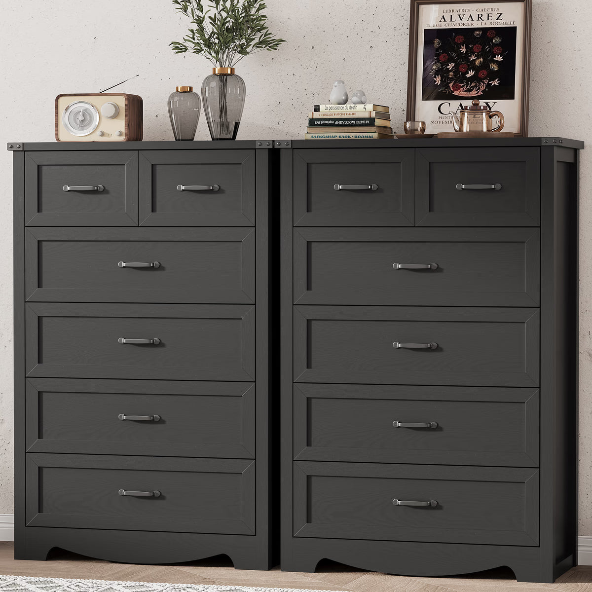 Anymaple Marlow Collection Black 6-drawer tall dresser with deep storage drawers and black metal handles, TV stand room view