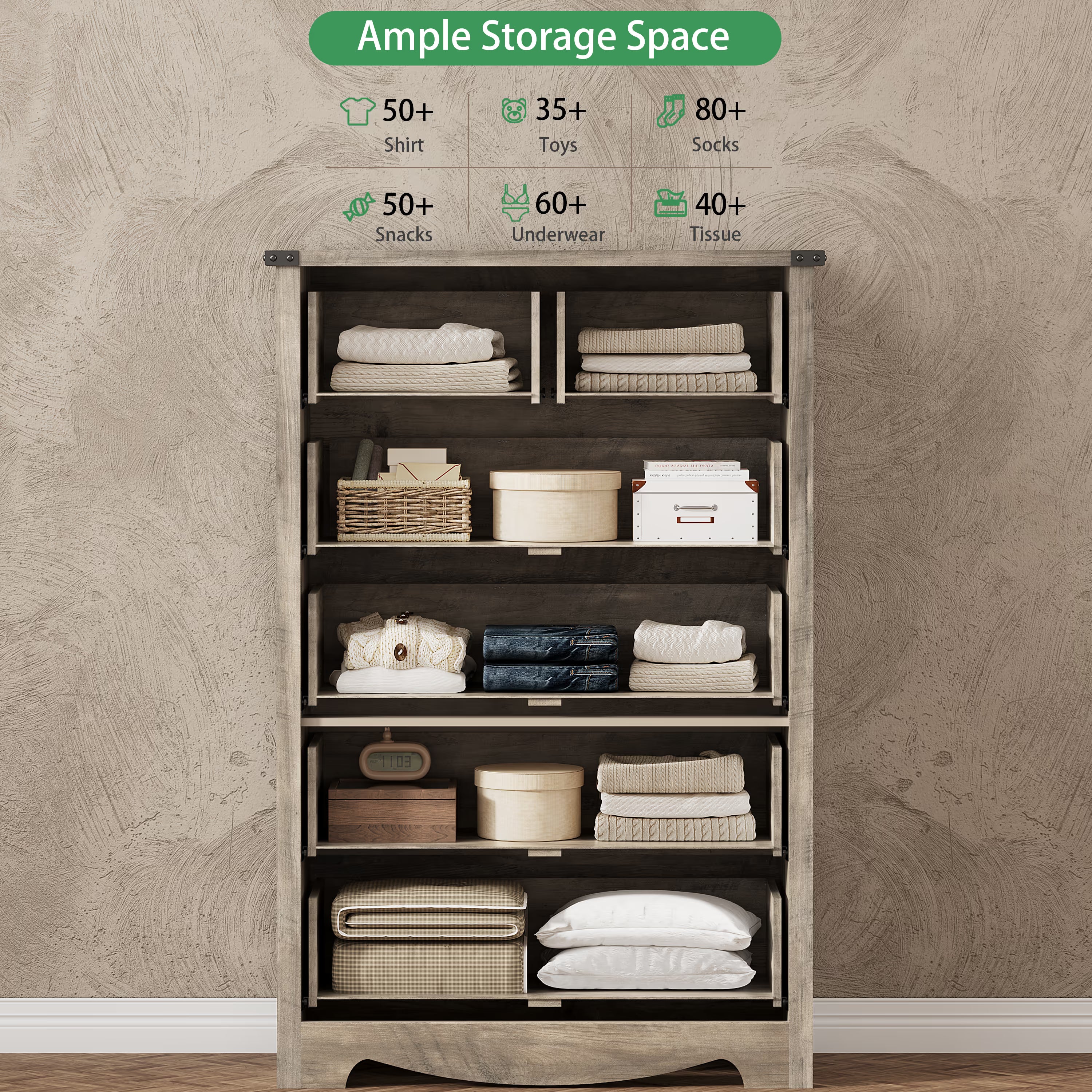 Anymaple Marlow Collection Gray 6-drawer tall dresser with deep storage drawers and black metal handles, ample storage space