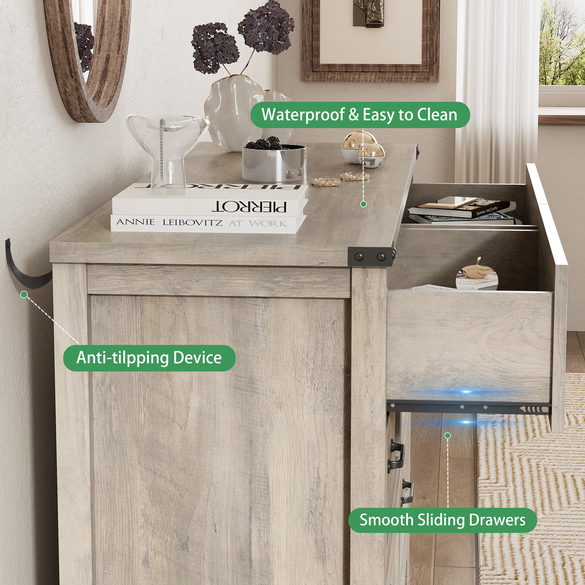 Anymaple Marlow Collection Gray 6-drawer tall dresser with deep storage drawers and black metal handles, anti-tipping and easy-clean detail