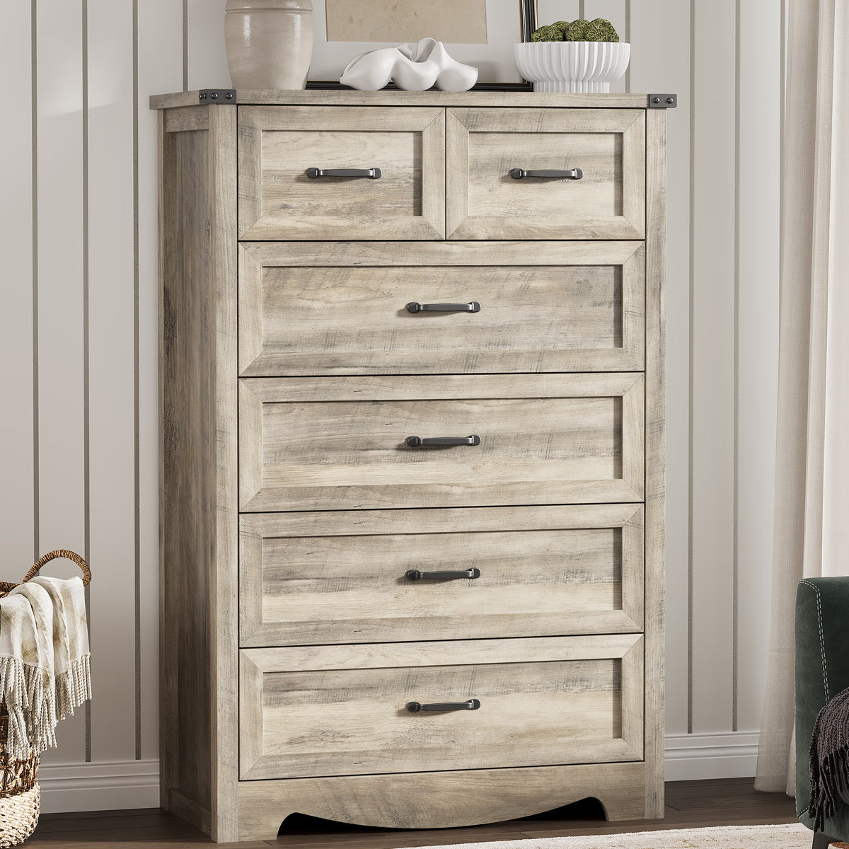 Anymaple Marlow Collection Gray 6-drawer tall dresser with deep storage drawers and black metal handles, front storage view