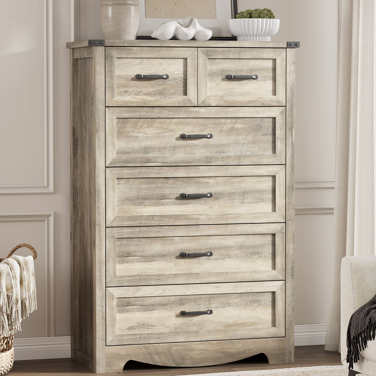 Anymaple Marlow Collection Gray 6-drawer tall dresser with deep storage drawers and black metal handles, front storage view