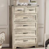 Anymaple Marlow Collection Gray 6-drawer tall dresser with deep storage drawers and black metal handles, front storage view