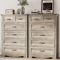Anymaple Marlow Collection Gray 6-drawer tall dresser with deep storage drawers and black metal handles, TV stand room view