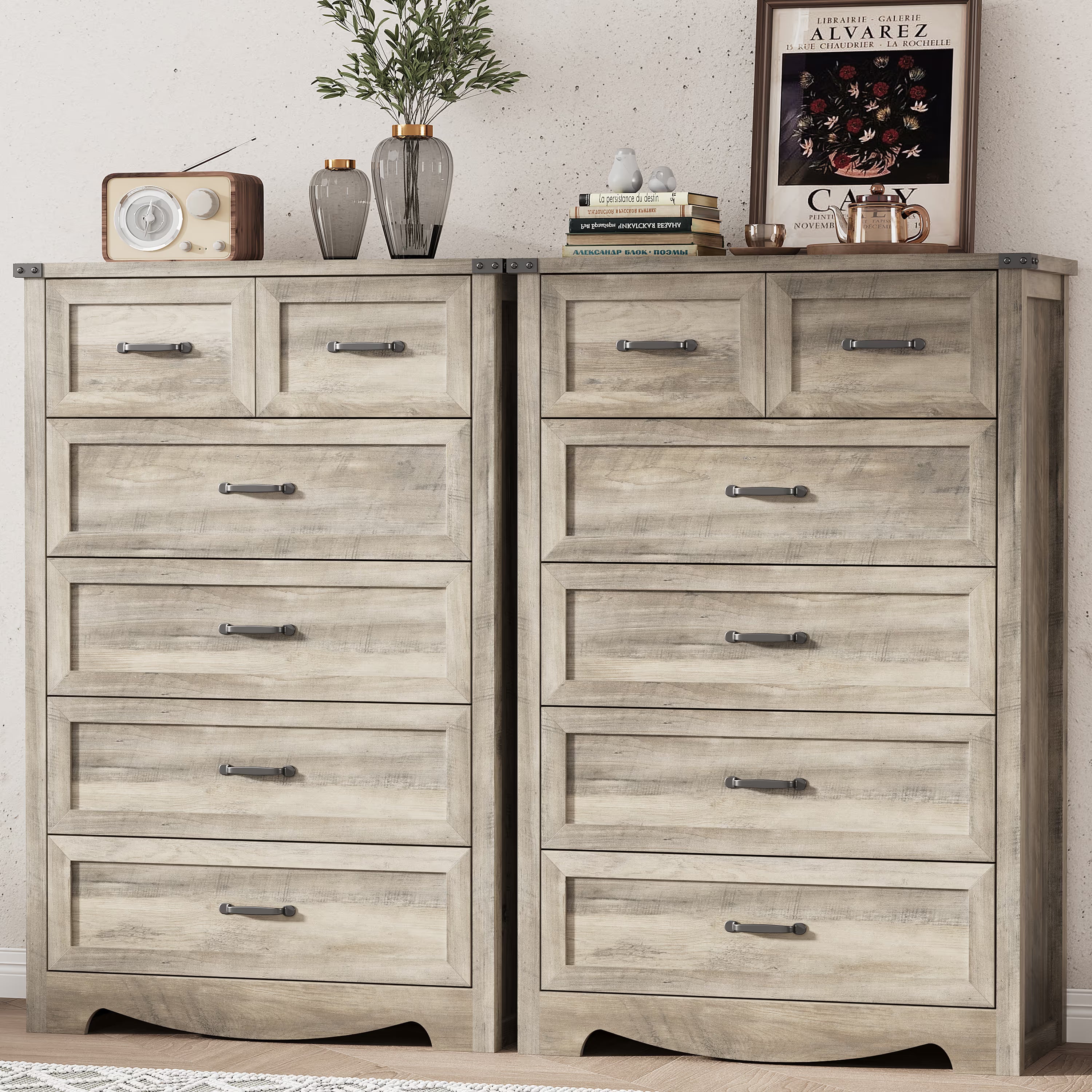 Anymaple Marlow Collection Gray 6-drawer tall dresser with deep storage drawers and black metal handles, TV stand room view