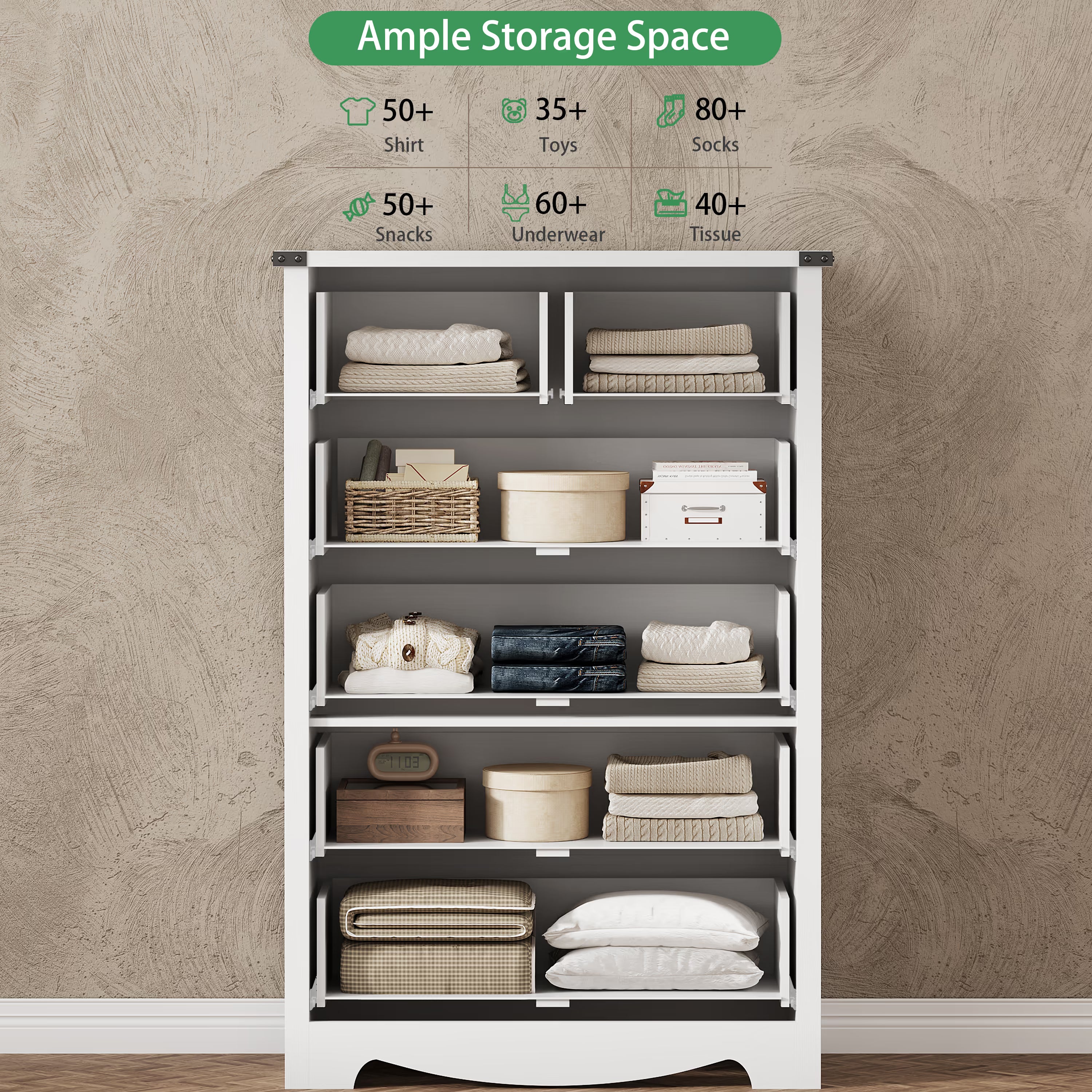 Anymaple Marlow Collection White 6-drawer tall dresser with deep storage drawers and black metal handles, ample storage space