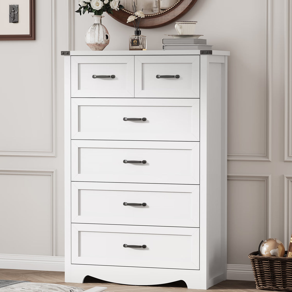 Anymaple Marlow Collection White 6-drawer tall dresser with deep storage drawers and black metal handles, bedroom main view