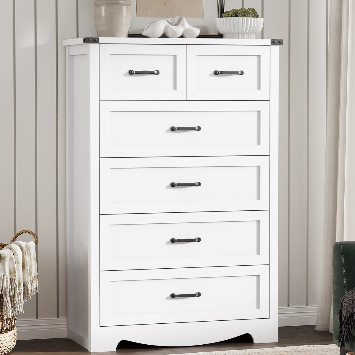 Anymaple Marlow Collection White 6-drawer tall dresser with deep storage drawers and black metal handles, front storage view