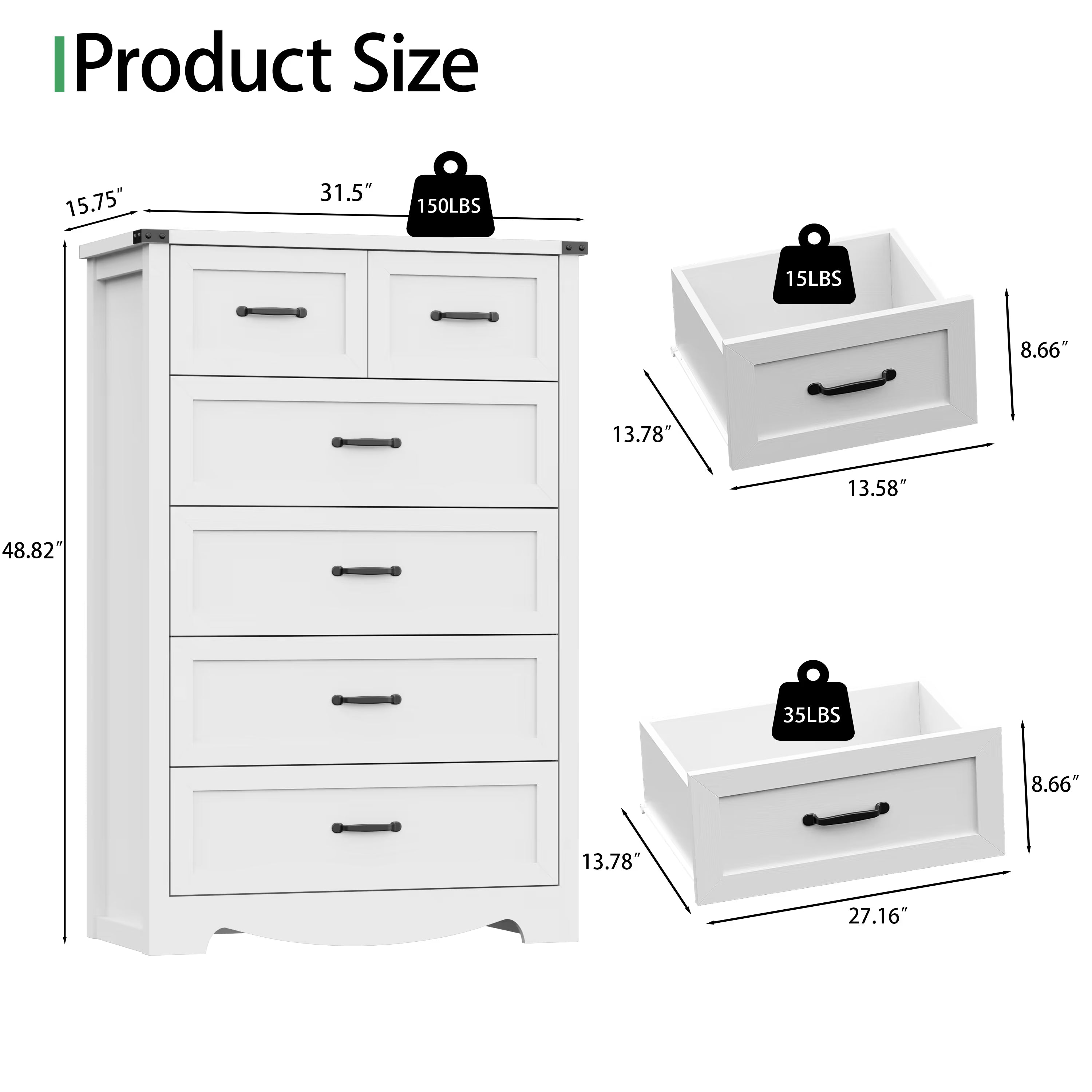 Anymaple Marlow Collection White 6-drawer tall dresser product size dimensions, 32"W x 16"D x 49"H bedroom chest of drawers