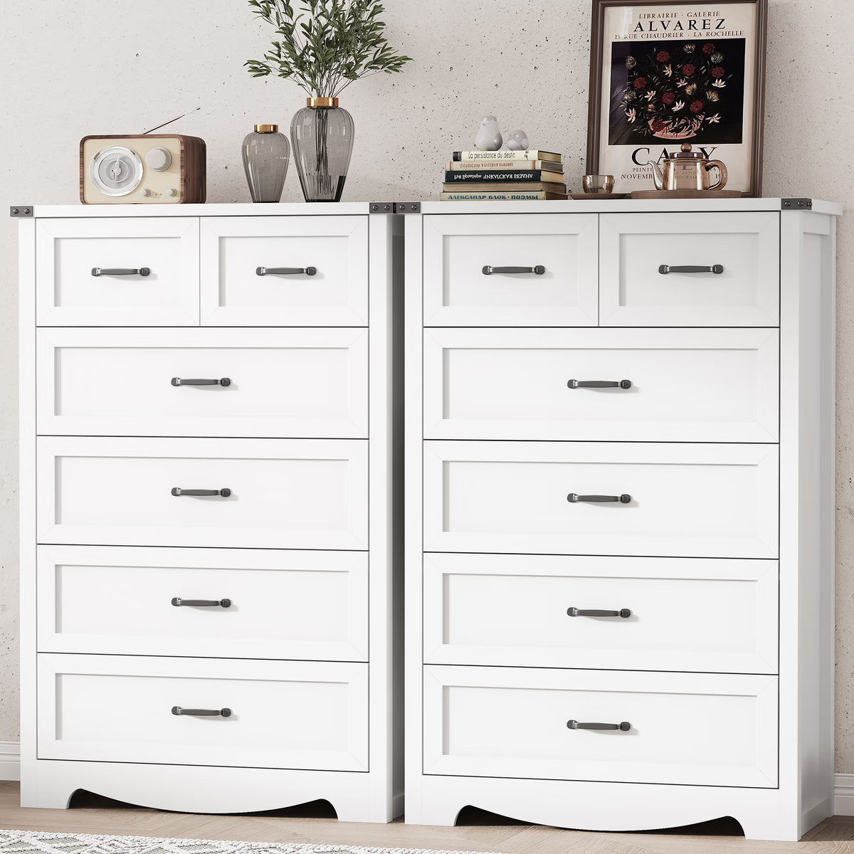 Anymaple Marlow Collection White 6-drawer tall dresser with deep storage drawers and black metal handles, TV stand room view