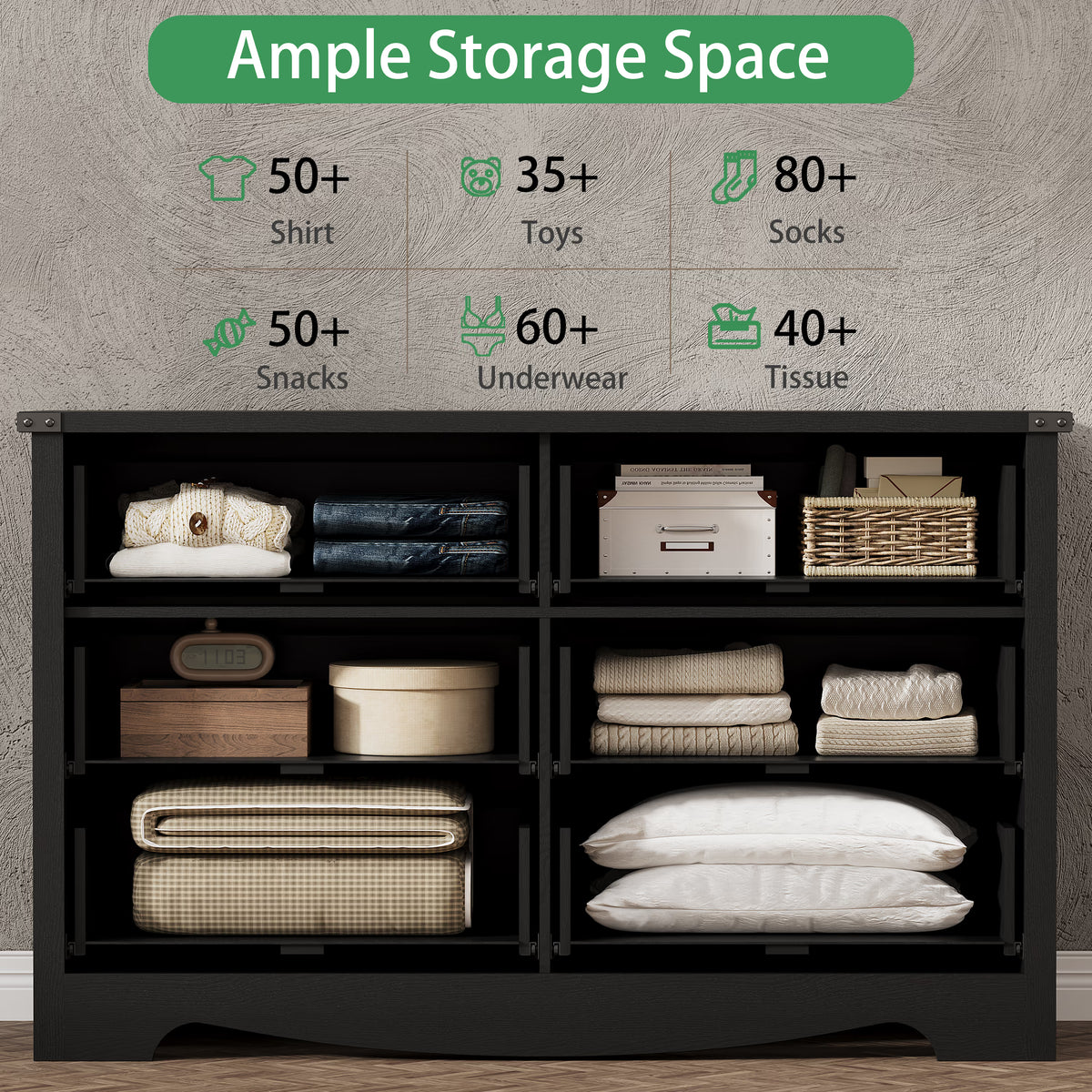 Anymaple Marlow Collection Black 6-drawer wide dresser with deep storage drawers and black metal handles, ample storage space