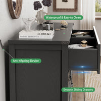 Anymaple Marlow Collection Black 6-drawer wide dresser with deep storage drawers and black metal handles, anti-tipping and easy-clean detail