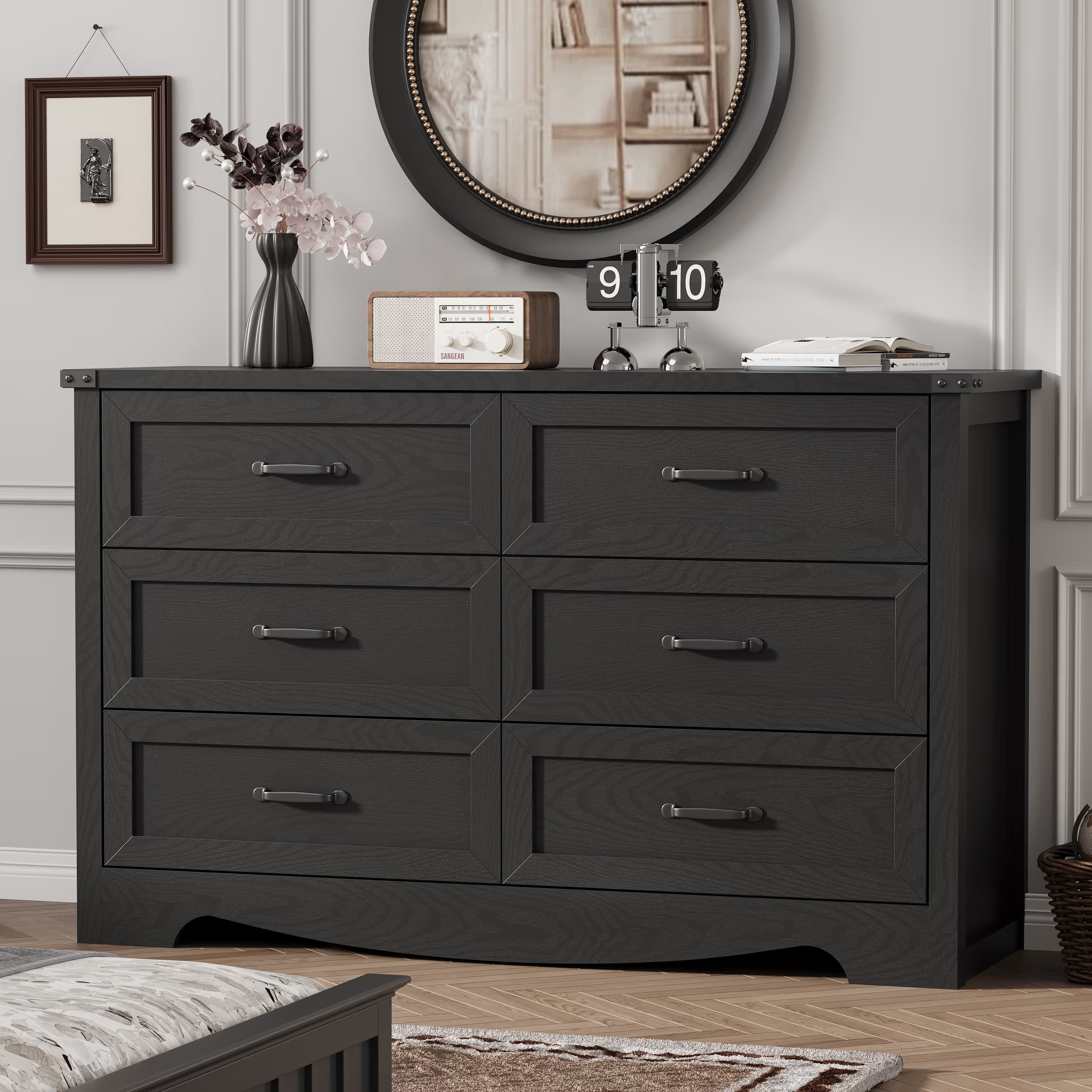 Anymaple Marlow Collection Black 6-drawer wide dresser with deep storage drawers and black metal handles, bedroom main view