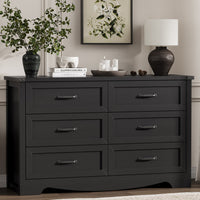 Anymaple Marlow Collection Black 6-drawer wide dresser with deep storage drawers and black metal handles, front storage view