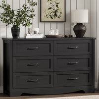 Anymaple Marlow Collection Black 6-drawer wide dresser with deep storage drawers and black metal handles, front storage view