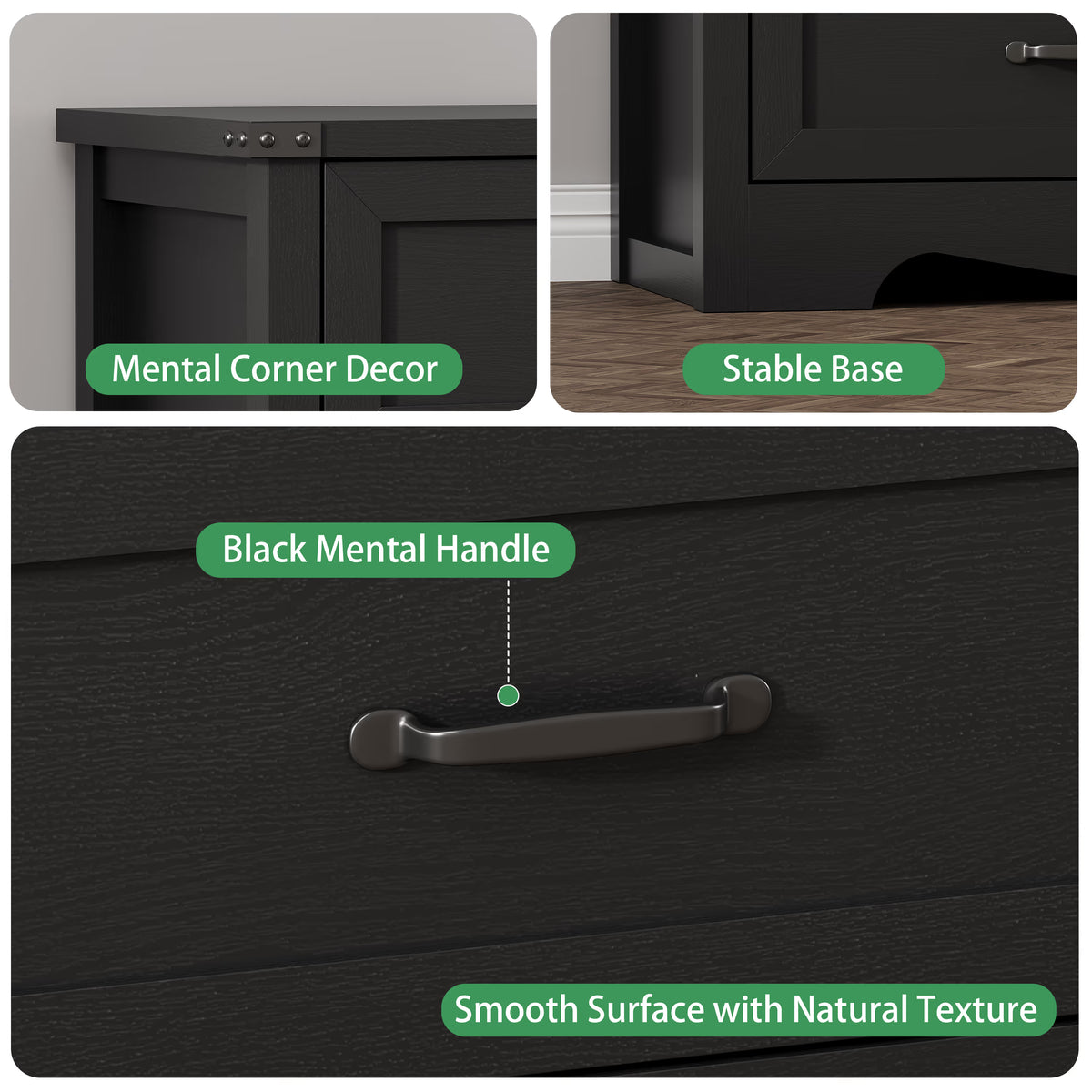 Anymaple Marlow Collection Black 6-drawer wide dresser with deep storage drawers and black metal handles, metal handle and drawer detail