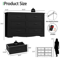 Anymaple Marlow Collection Black 6-drawer wide dresser product size dimensions, 53"W x 16"D x 32"H bedroom chest of drawers
