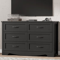 Anymaple Marlow Collection Black 6-drawer wide dresser with deep storage drawers and black metal handles, TV stand room view
