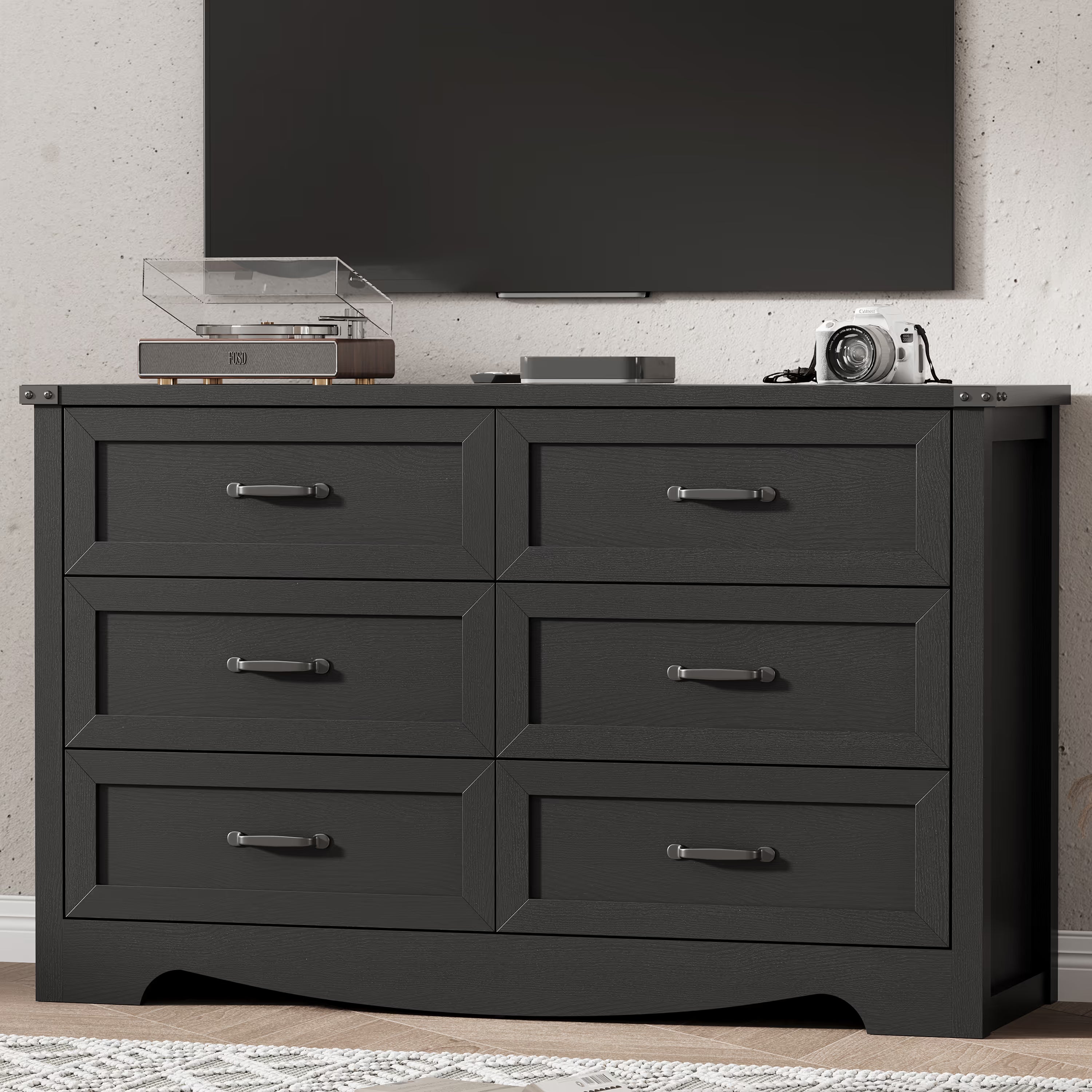 Anymaple Marlow Collection Black 6-drawer wide dresser with deep storage drawers and black metal handles, TV stand room view