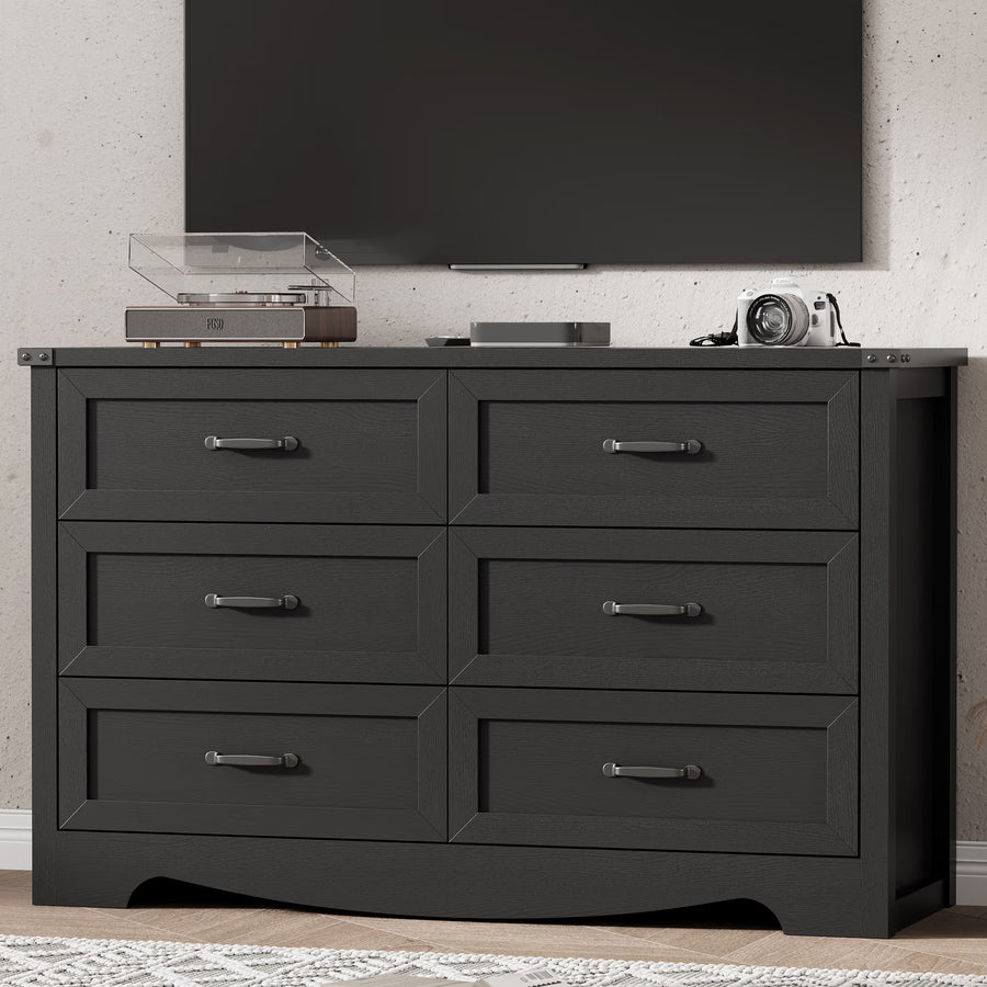 Anymaple Marlow Collection Black 6-drawer wide dresser with deep storage drawers and black metal handles, TV stand room view