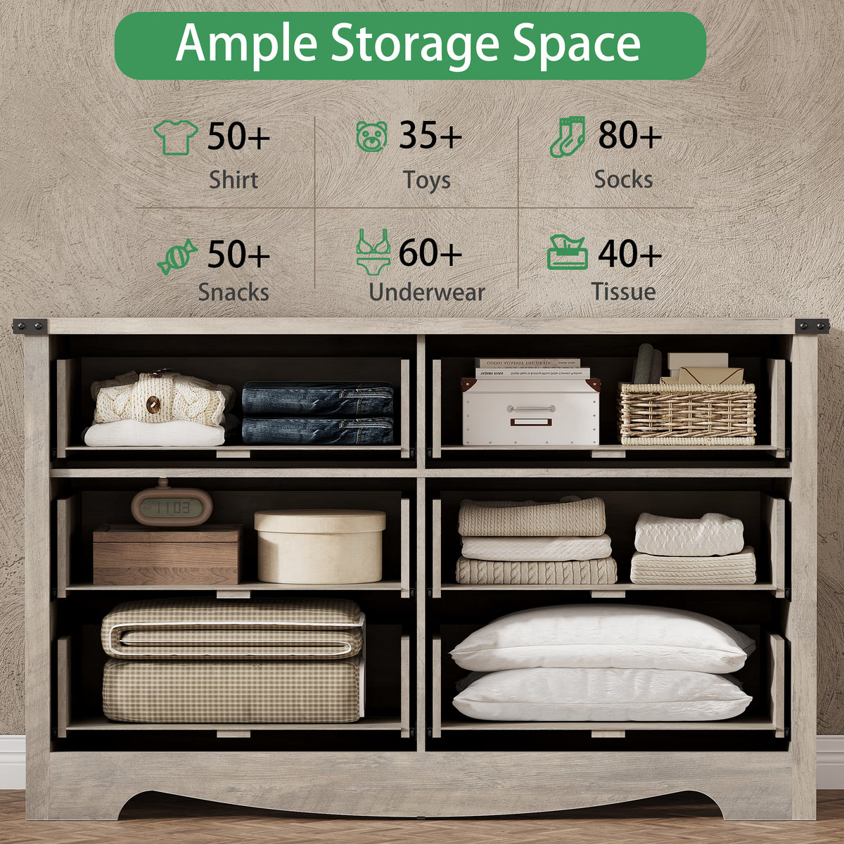 Anymaple Marlow Collection Gray Oak 6-drawer wide dresser with deep storage drawers and black metal handles, ample storage space