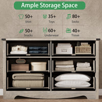 Anymaple Marlow Collection Gray Oak 6-drawer wide dresser with deep storage drawers and black metal handles, ample storage space