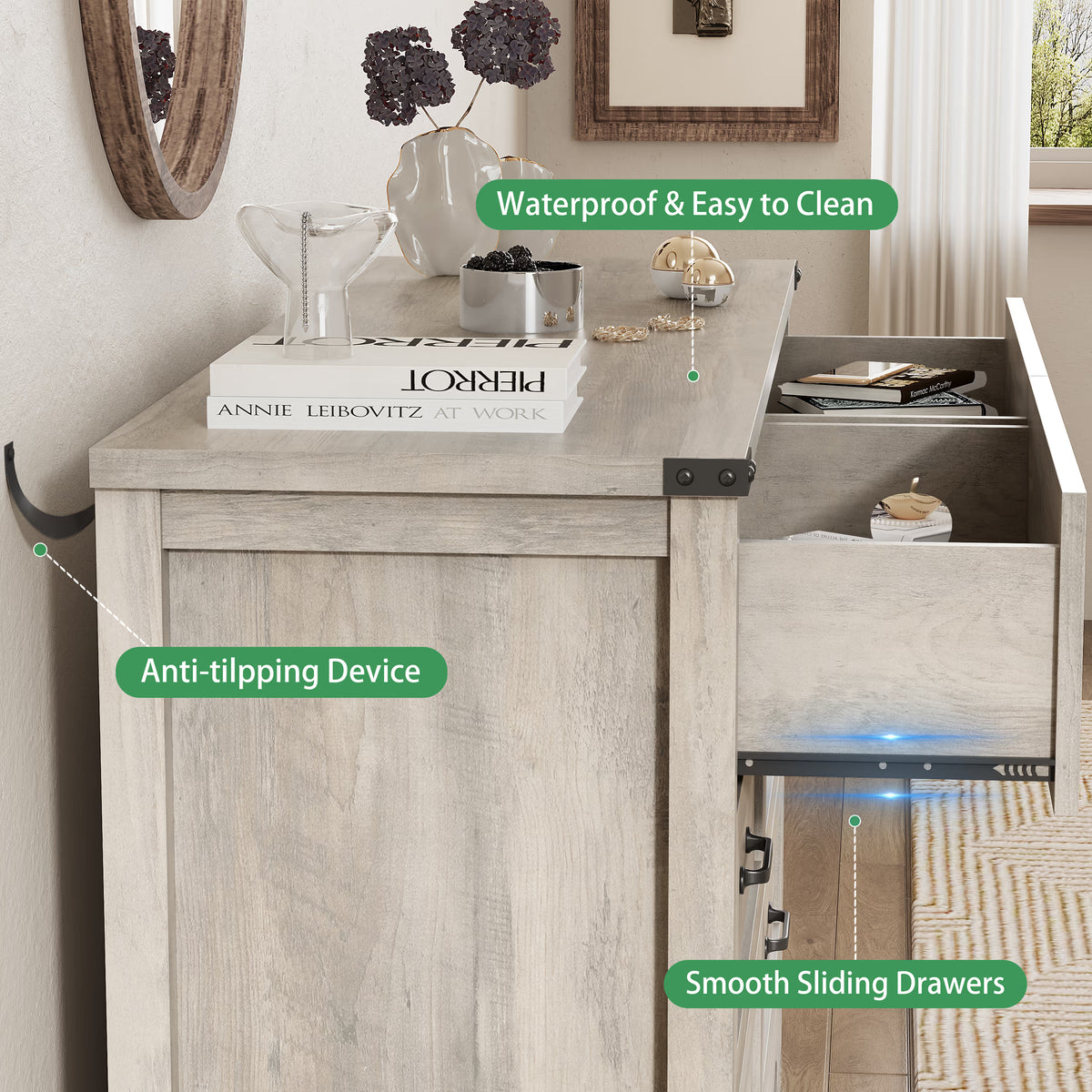 Anymaple Marlow Collection Gray Oak 6-drawer wide dresser with deep storage drawers and black metal handles, anti-tipping and easy-clean detail