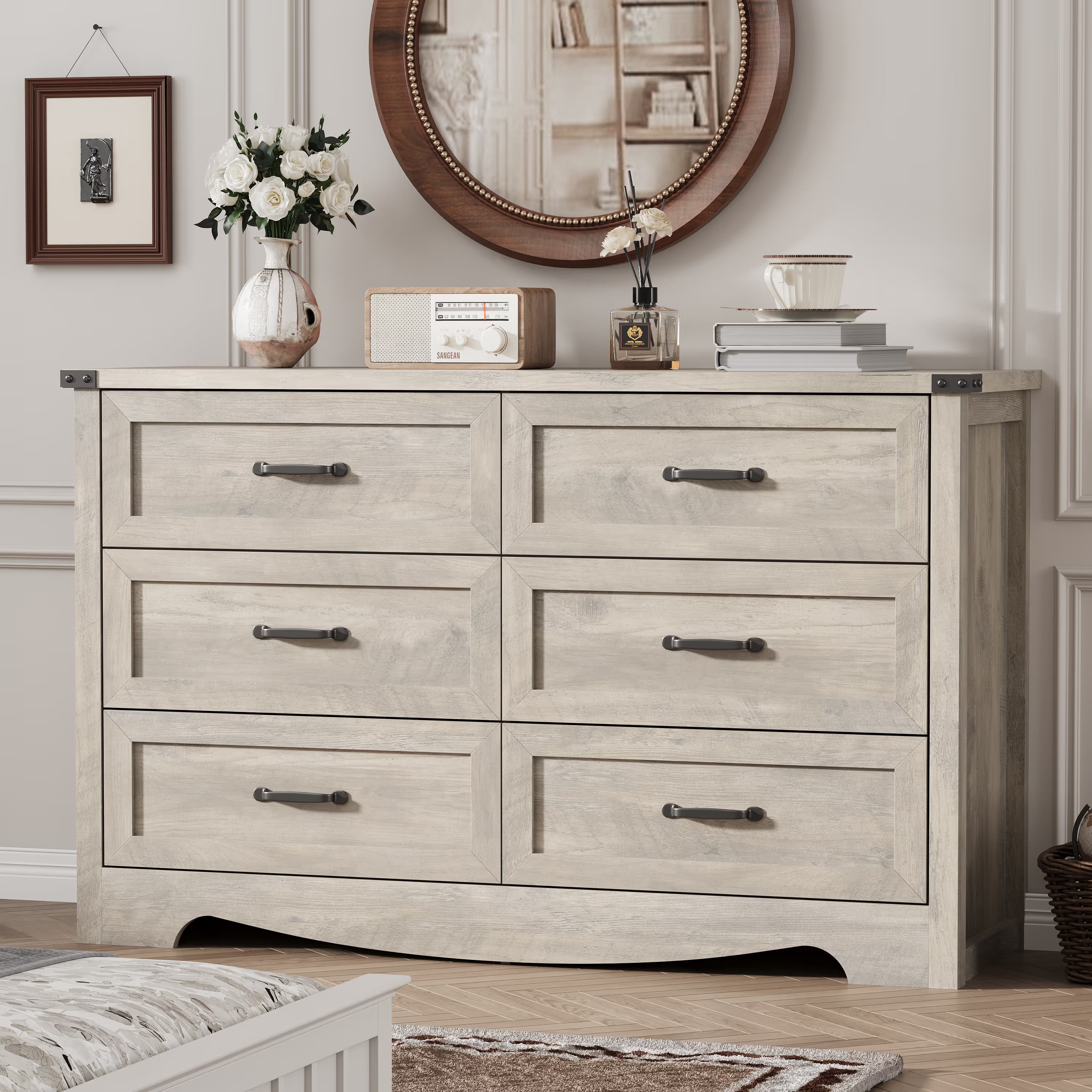 Anymaple Marlow Collection Gray Oak 6-drawer wide dresser with deep storage drawers and black metal handles, bedroom main view
