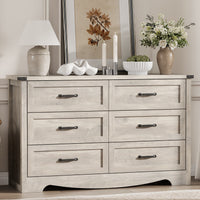 Anymaple Marlow Collection Gray Oak 6-drawer wide dresser with deep storage drawers and black metal handles, front storage view
