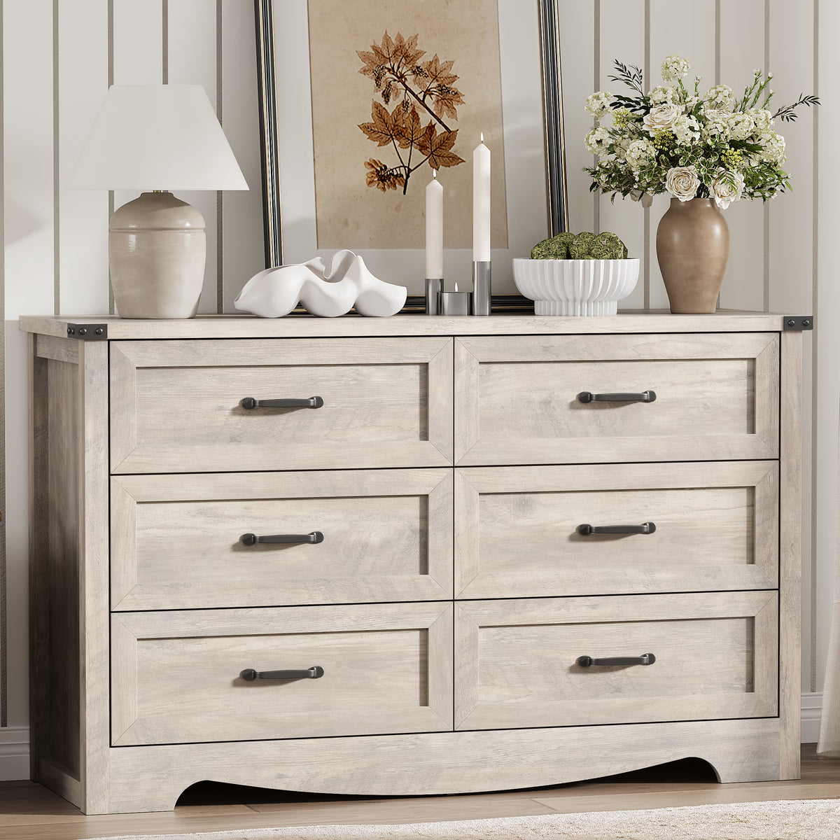 Anymaple Marlow Collection Gray Oak 6-drawer wide dresser with deep storage drawers and black metal handles, front storage view