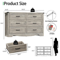 Anymaple Marlow Collection Gray Oak 6-drawer wide dresser product size dimensions, 53"W x 16"D x 32"H bedroom chest of drawers