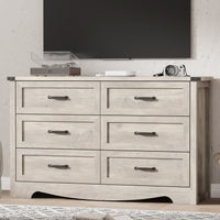 Anymaple Marlow Collection Gray Oak 6-drawer wide dresser with deep storage drawers and black metal handles, TV stand room view