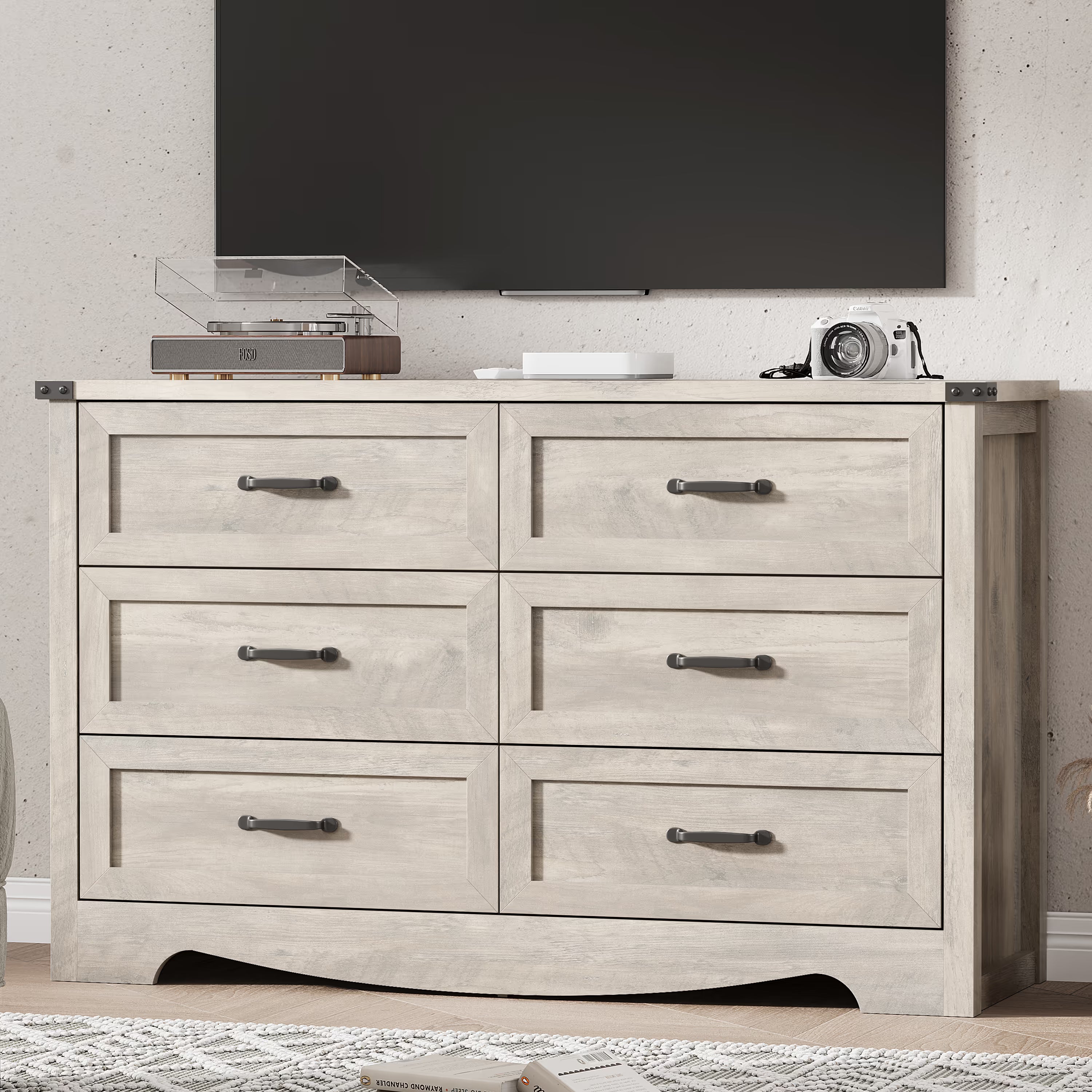Anymaple Marlow Collection Gray Oak 6-drawer wide dresser with deep storage drawers and black metal handles, TV stand room view