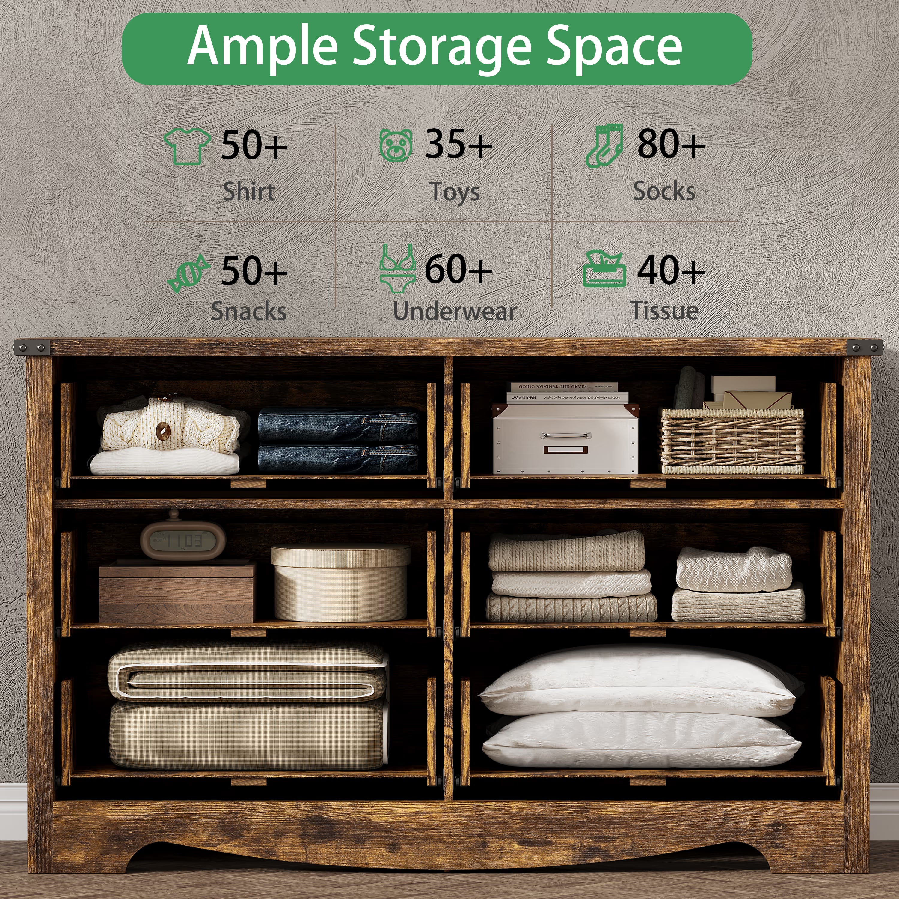 Anymaple Marlow Collection Rustic Brown 6-drawer wide dresser with deep storage drawers and black metal handles, ample storage space