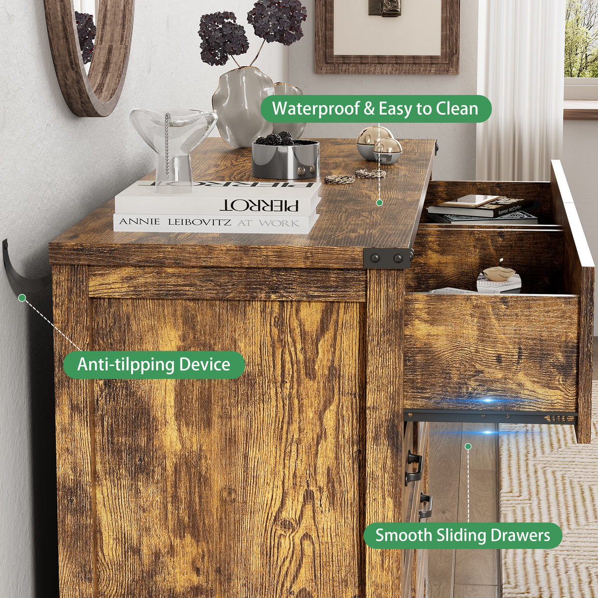 Anymaple Marlow Collection Rustic Brown 6-drawer wide dresser with deep storage drawers and black metal handles, anti-tipping and easy-clean detail