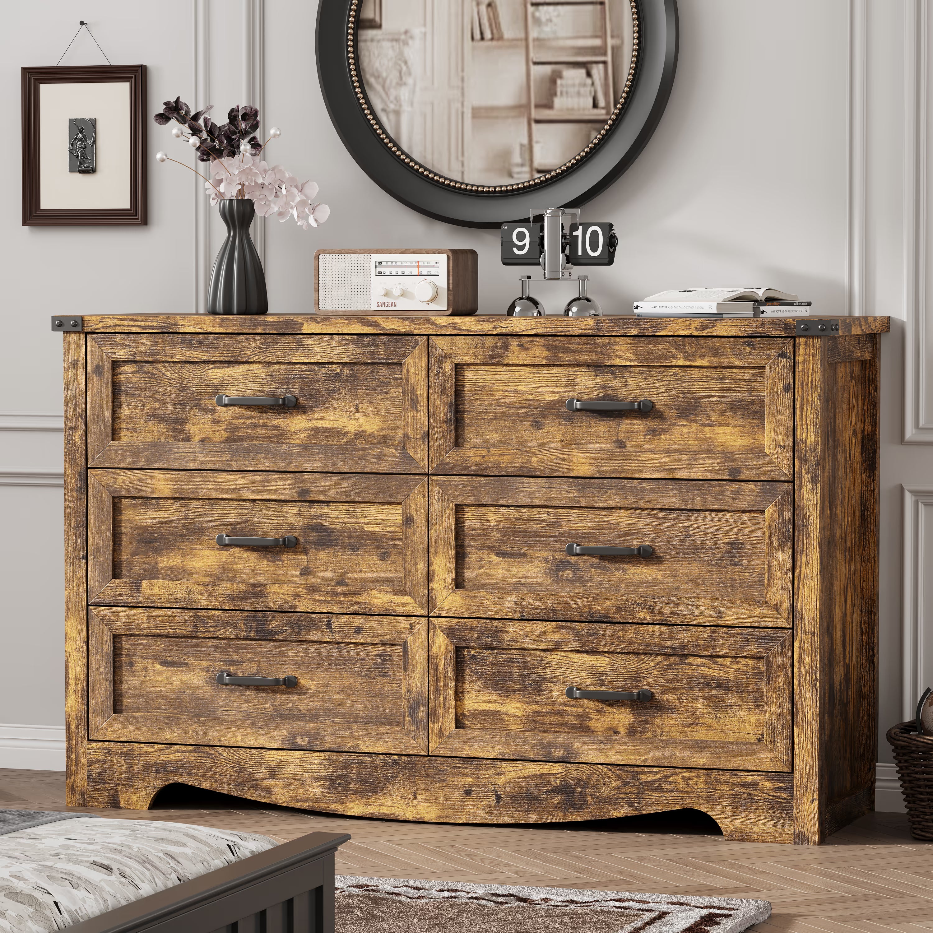 Anymaple Marlow Collection Rustic Brown 6-drawer wide dresser with deep storage drawers and black metal handles, bedroom main view