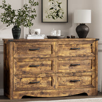 Anymaple Marlow Collection Rustic Brown 6-drawer wide dresser with deep storage drawers and black metal handles, front storage view