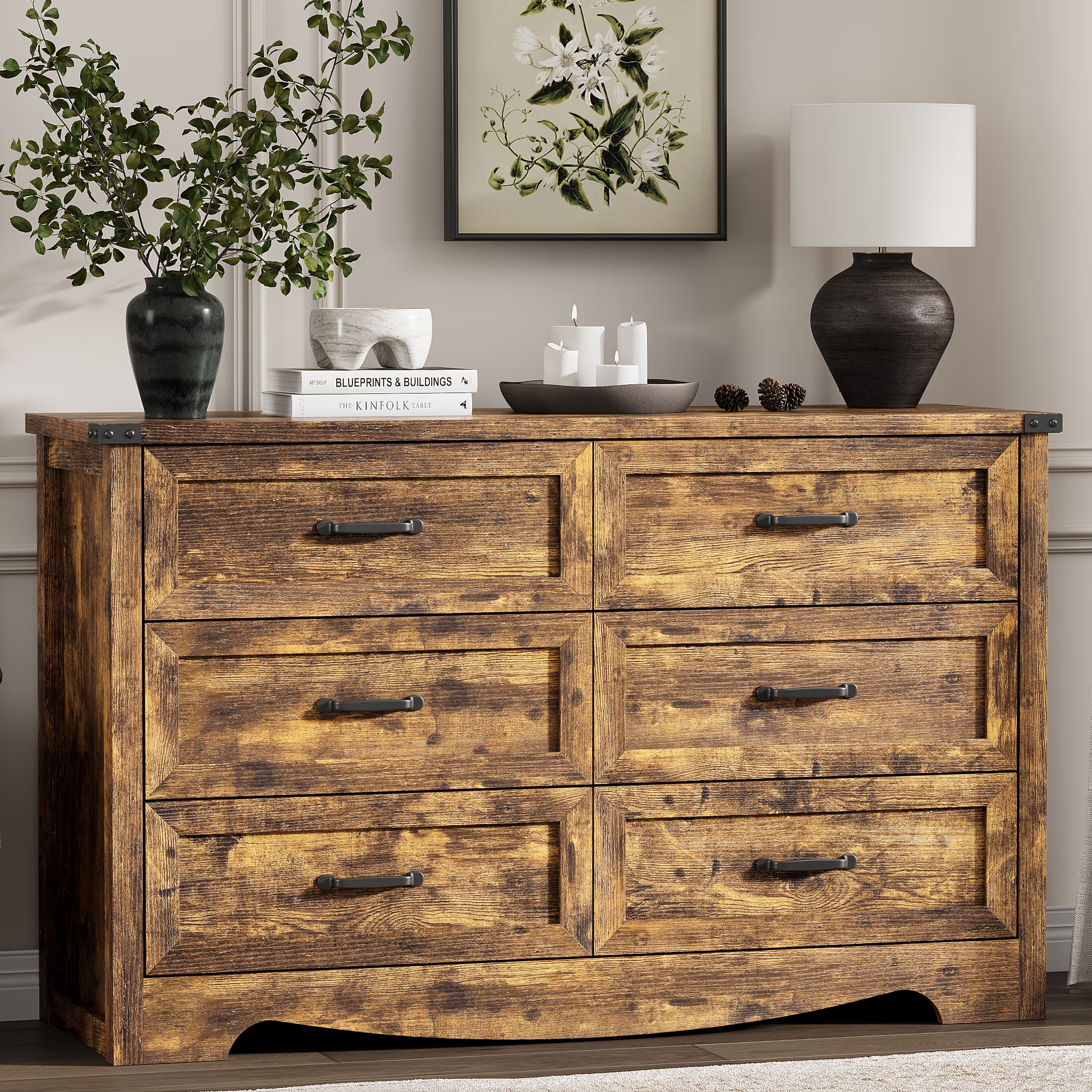 Anymaple Marlow Collection Rustic Brown 6-drawer wide dresser with deep storage drawers and black metal handles, front storage view