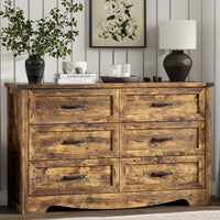 Anymaple Marlow Collection Rustic Brown 6-drawer wide dresser with deep storage drawers and black metal handles, front storage view