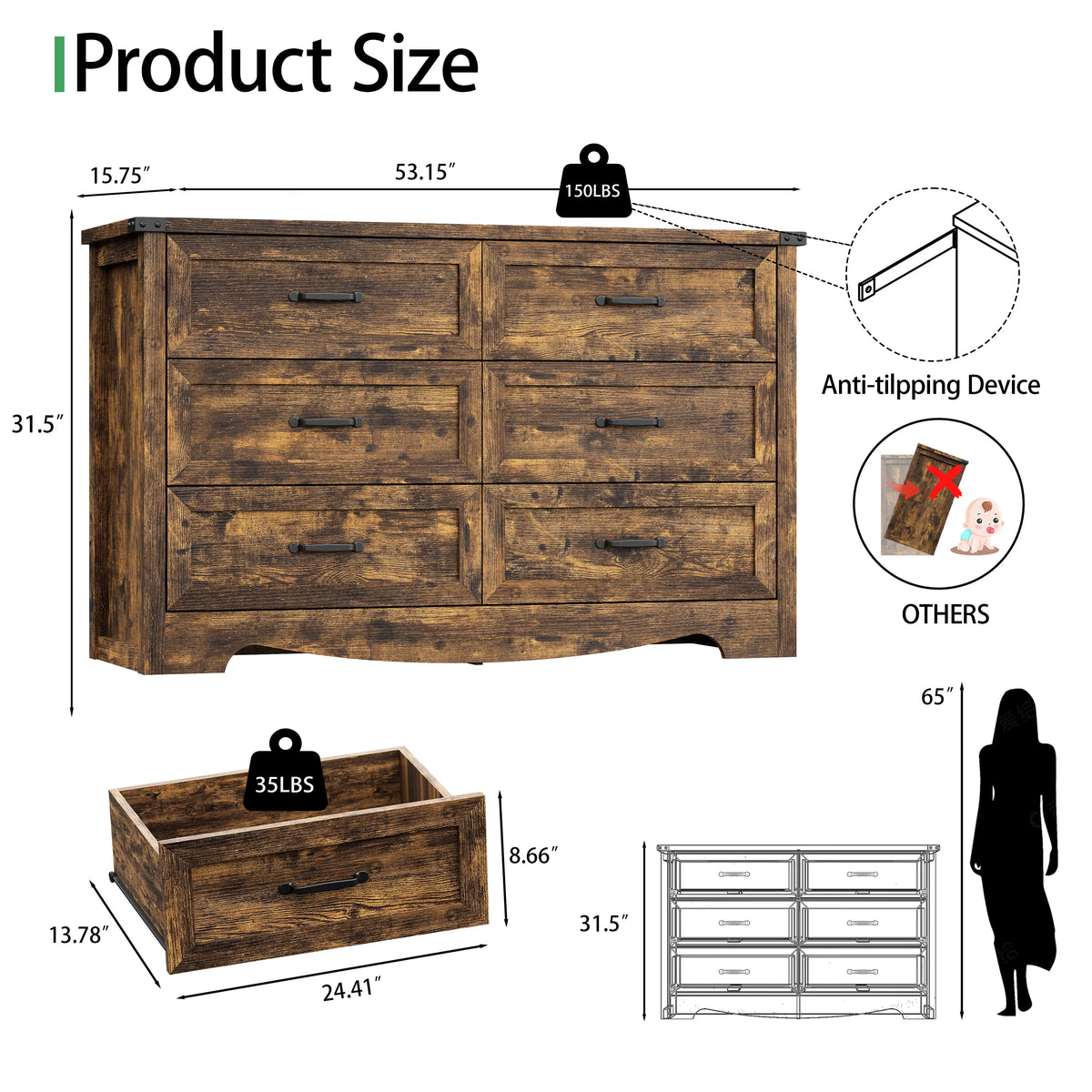 Anymaple Marlow Collection Rustic Brown 6-drawer wide dresser product size dimensions, 53"W x 16"D x 32"H bedroom chest of drawers