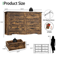 Anymaple Marlow Collection Rustic Brown 6-drawer wide dresser product size dimensions, 53"W x 16"D x 32"H bedroom chest of drawers