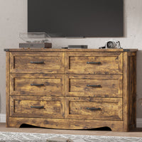 Anymaple Marlow Collection Rustic Brown 6-drawer wide dresser with deep storage drawers and black metal handles, TV stand room view