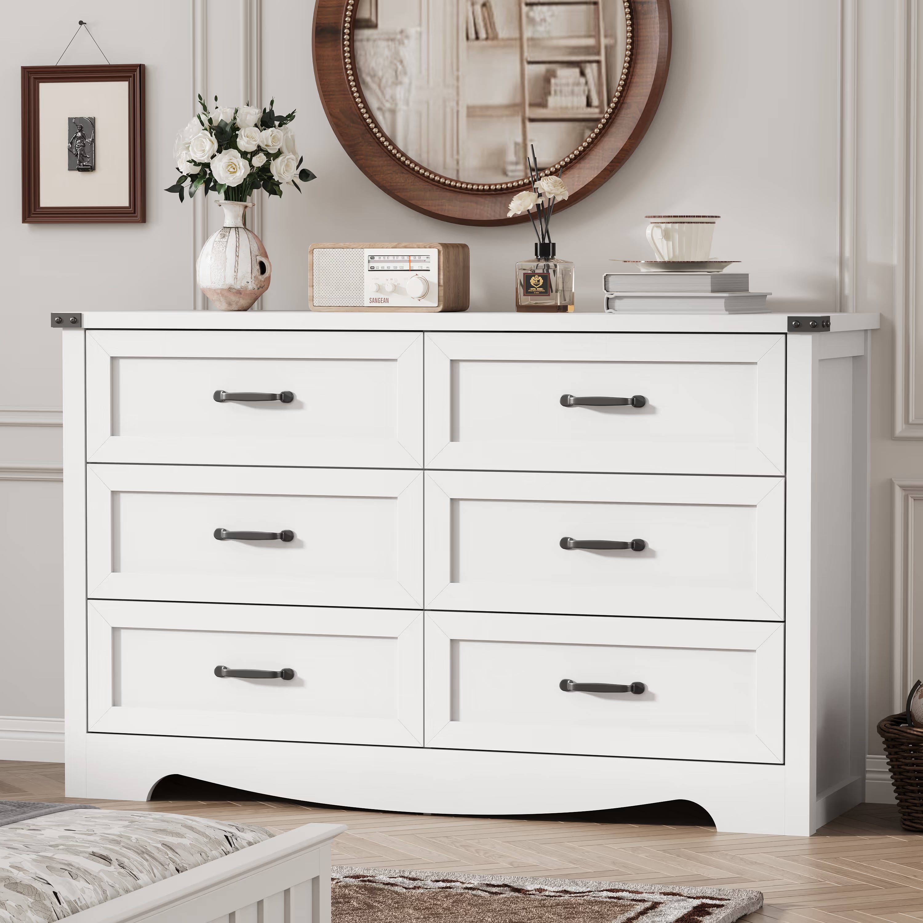 Anymaple Marlow Collection White 6-drawer wide dresser with deep storage drawers and black metal handles, bedroom main view
