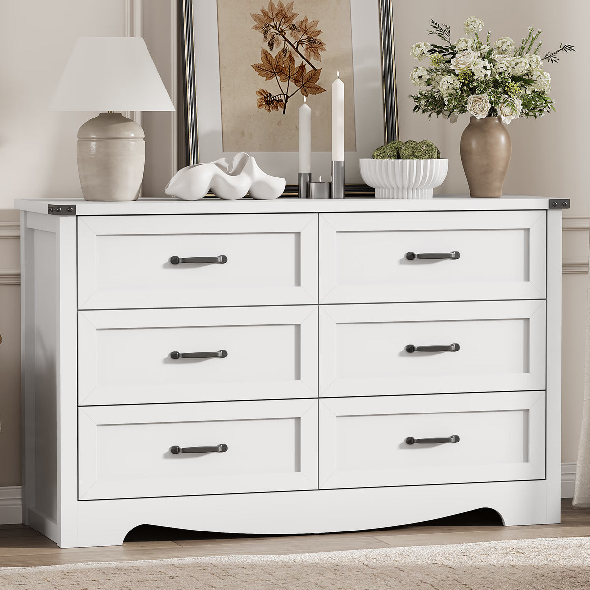 Anymaple Marlow Collection White 6-drawer wide dresser with deep storage drawers and black metal handles, front storage view