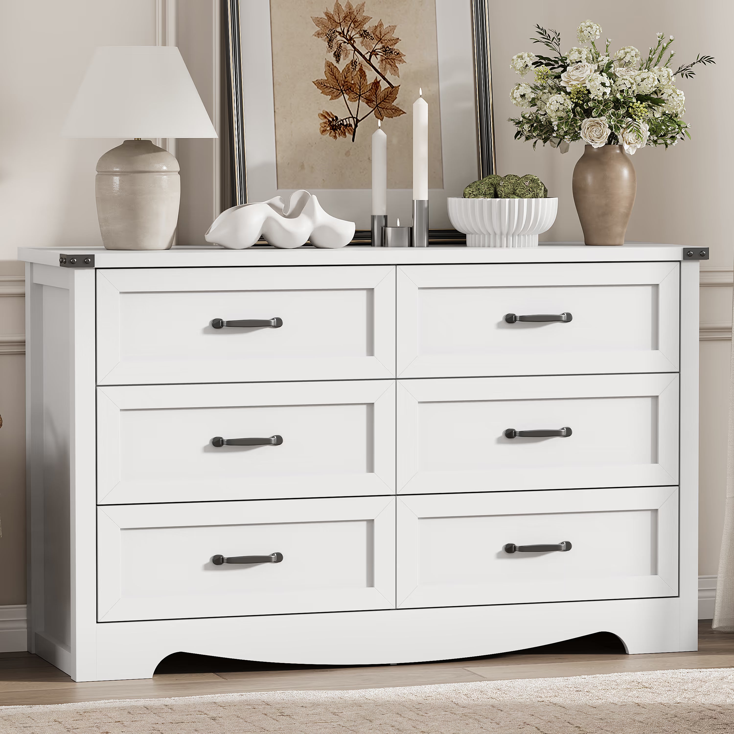 Anymaple Marlow Collection White 6-drawer wide dresser with deep storage drawers and black metal handles, front storage view