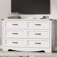 Anymaple Marlow Collection White 6-drawer wide dresser with deep storage drawers and black metal handles, TV stand room view