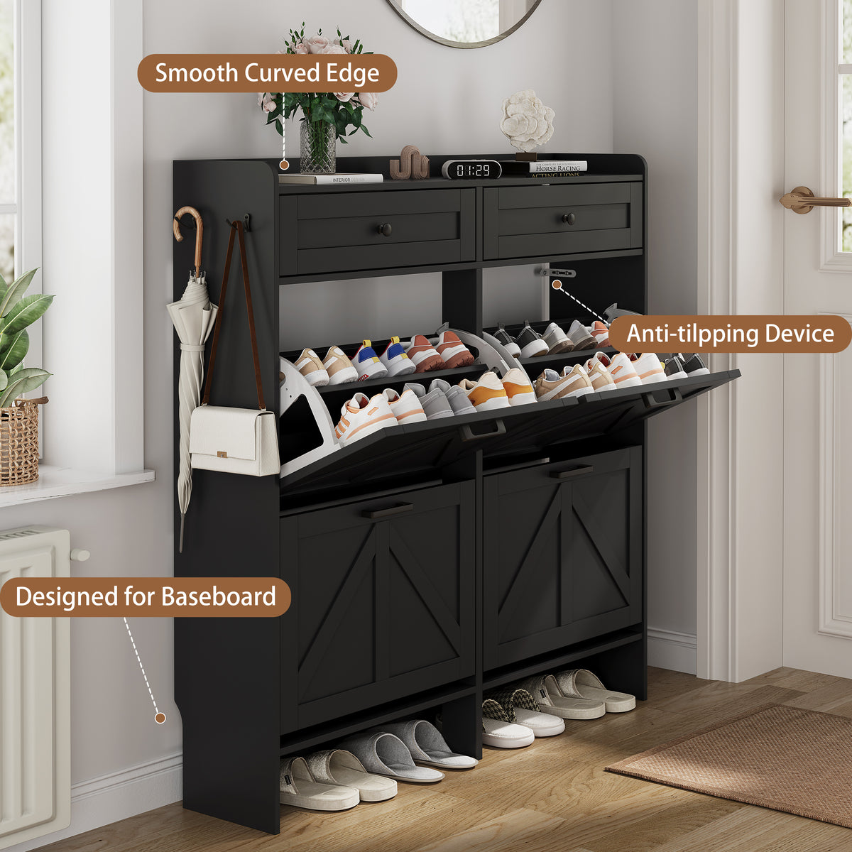 Anymaple Newport Black 4-door shoe cabinet, adjustable panels for flexible shoe organization